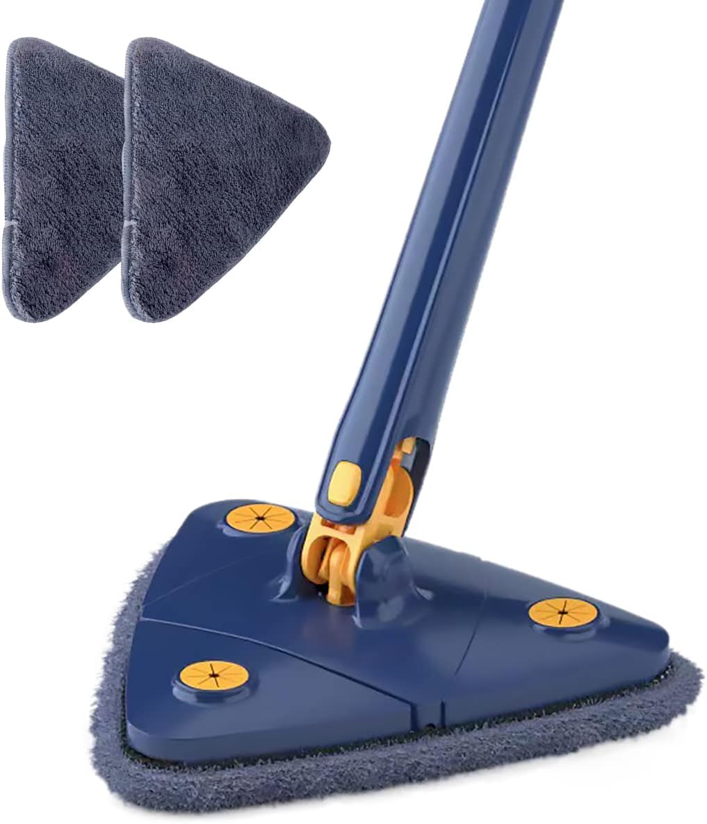 Cleaning Mop 360° Rotatable Super Water Absorption Triangular Mop Foldable Automatic Water Squeezing Wall Cleaning Mop with 2 Replacement Mop Cloth for Floor Wall Window Cleaning Cleaning Mop